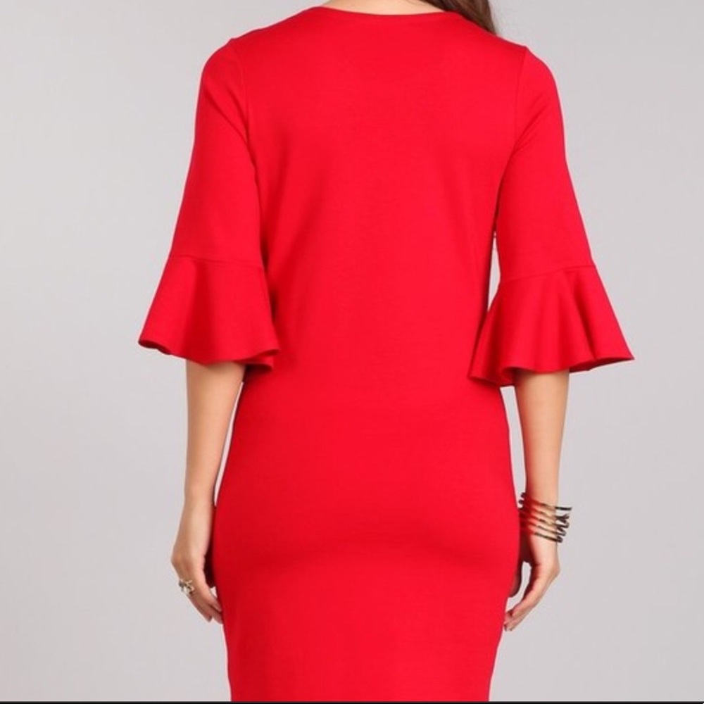 RED MATERNITY BELL SLEEVE DRESS - Picture 3 of 8